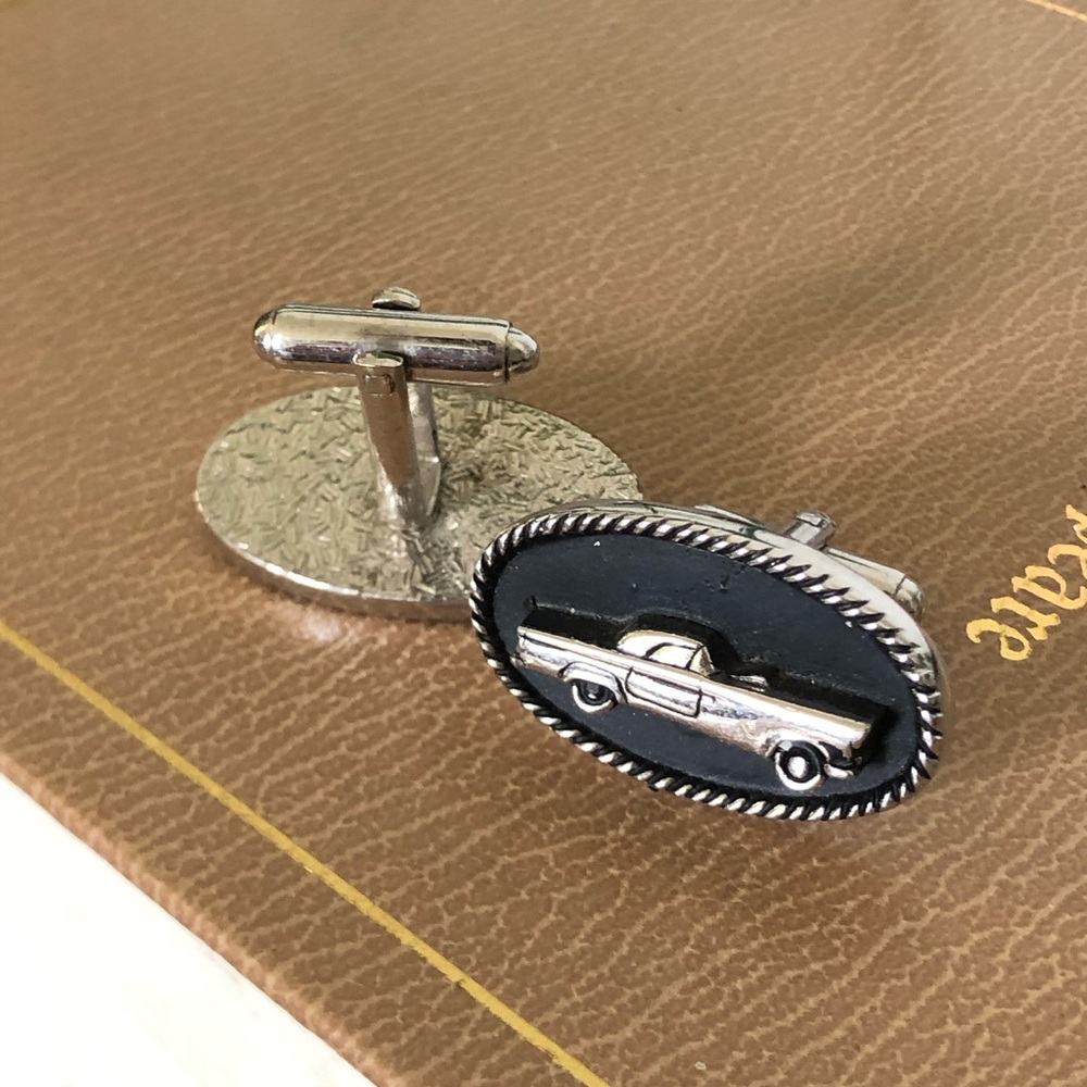 Vintage Ford Classic Car Silver Tone Oval Cufflinks Rope Border Black Retro